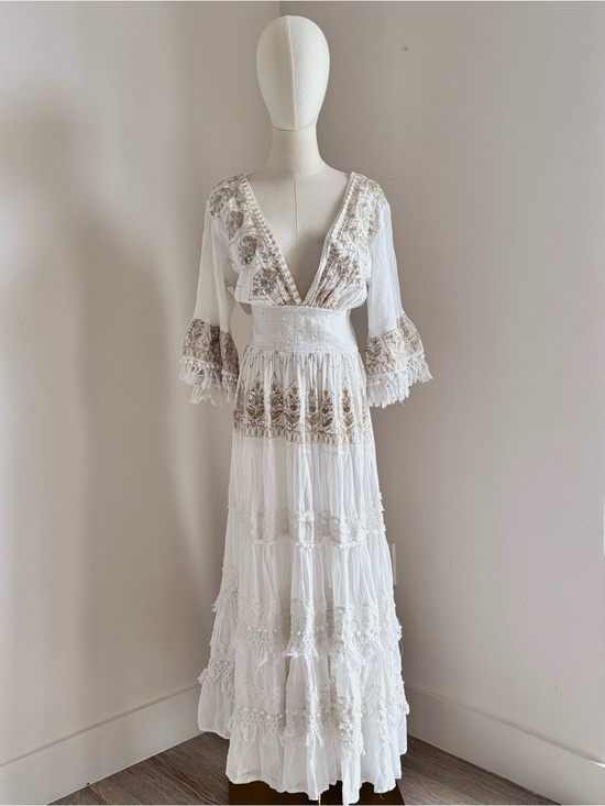 Antica Sartoria E Dresses & Skirts - Antica Sartoria Embroidered Sequin Fringe Cotton Boho Maxi Dress One Size